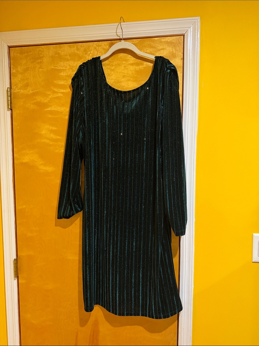 Women's Emerald Green Velvet Stripe Long-Sleeve Dress